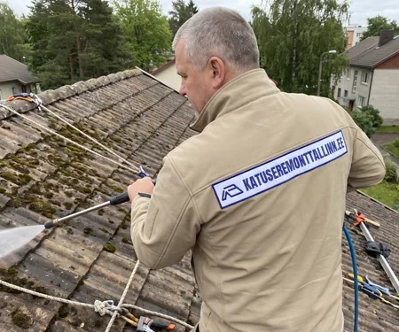 Katusemeister peseb pesuvarrega sammaldunud lainelist katust, lainelise katuse lainesüvendites kasvab sammal kõige tihedamalt, sest sinna valgub vihmavesi ja koguneb praht.