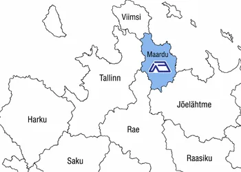 Tallinna idaserva kaart, kus helesinine Maardu kannab nime ja Katuseremont Tallinn katusemärki Viimsi, Tallinna ja Jõelähtme vahel, Maardu üheksakorruselise maja katuseservale pannakse enne katte vahetust ajutine kolmeliistuline kaitsepiire.