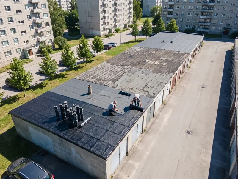 Droonifoto garaažirea lamekatusest, mille lähem ots on uus must SBS ja kaugem vana ruberoid, kaks meistrit töös, SBS-rullid seisavad katusel püsti, et rull ei vajuks lapikuks.
