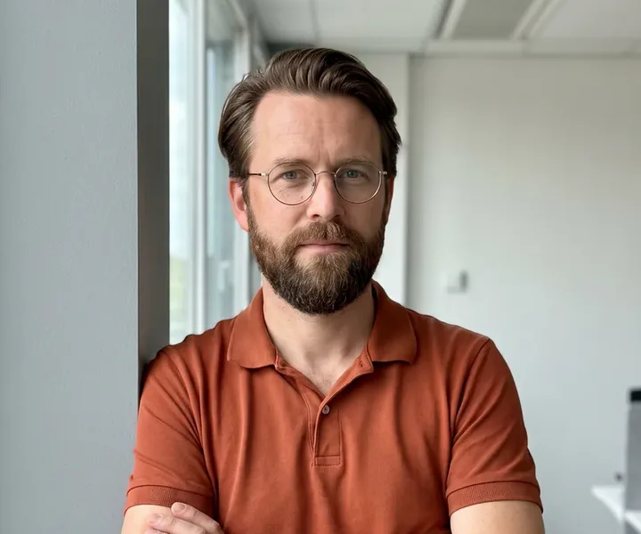 Tarvo Mäeorg seisab käed rinnal akna kõrval, ümarad prillid ja oranž polosärk, küttekaabli juhtploki kõrvale kinnitatakse silt kaabli pikkuse ja võimsusega ning alates aastast 2017 on ta paigaldanud 8 916 jm küttekaablit.