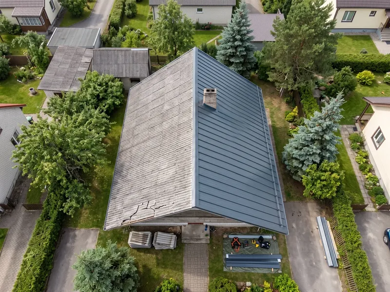 Droonifoto viilkatusest, mille üks pool on vana mõranenud eterniit ja teine uus tumehall plekk, eterniidi mahavõtmise päeval palutakse kliendil hoida aknad ja värskeõhuklapid suletuna.