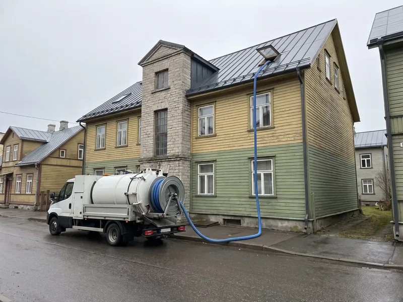 Puhurauto märjal tänaval kollase ja rohelise laudisega puitmaja ees, sinine voolik jookseb mööda fassaadi katuseluuki, ühisel pööningul pannakse elanike sahvrite uste ette tõkkelauad, et vill sahvritesse ei puhuks.